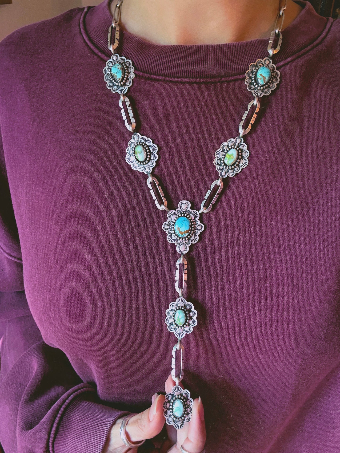 Heirloom signature sawcut lariat with Palomino and Sierra Bella turquoise