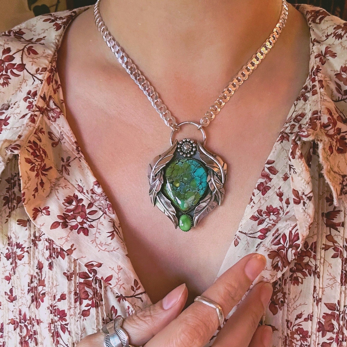 Heirloom Botanical Necklace with Polychrome Turquoise and Emerald Valley Turquoise