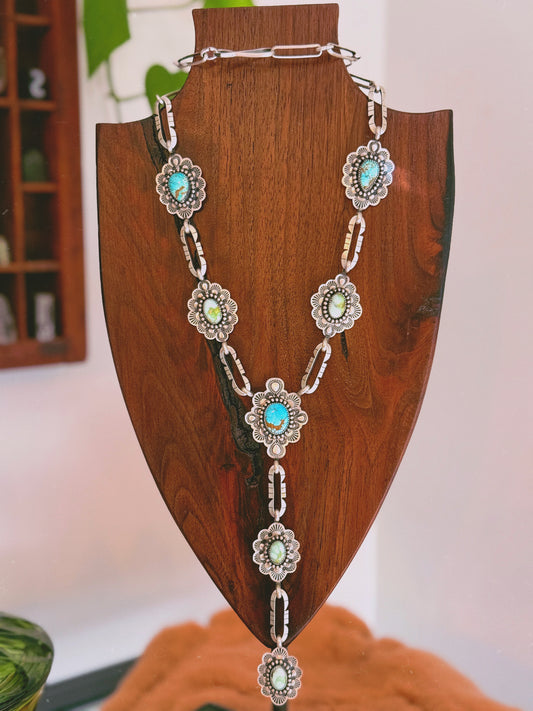 Heirloom signature sawcut lariat with Palomino and Sierra Bella turquoise