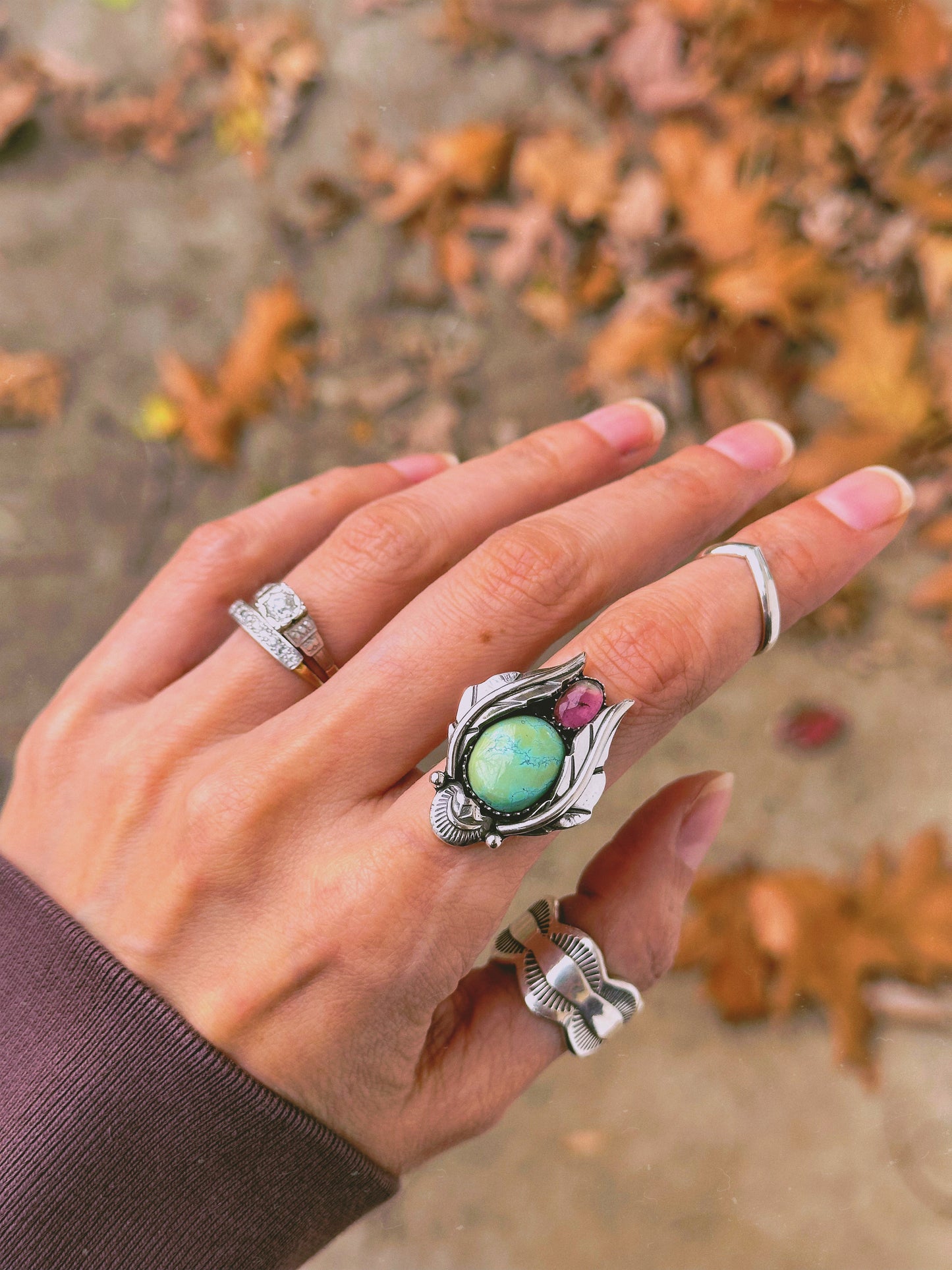 Turquoise + Watermelon Tourmaline Botanical Ring