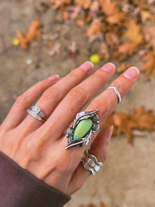 Two Leaf Botanical Ring with Blue Halo Turquoise