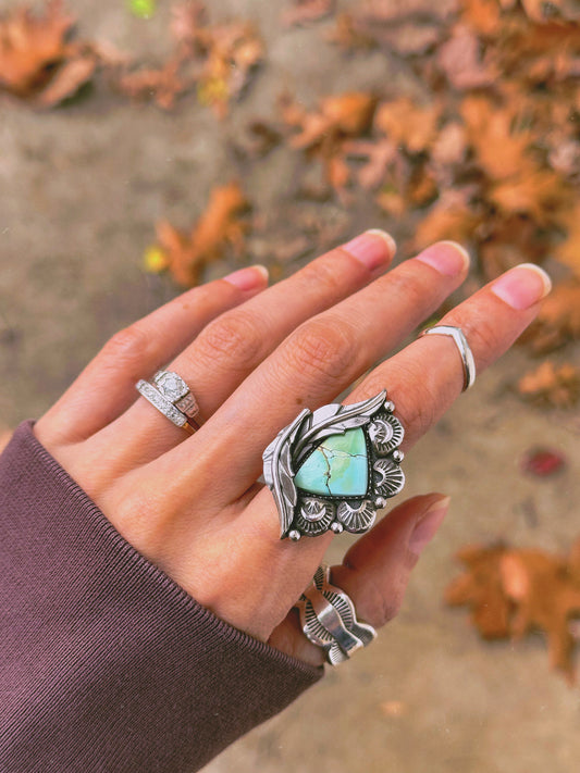 Botanical Triangle Ring with Incredible Polychrome Turquoise