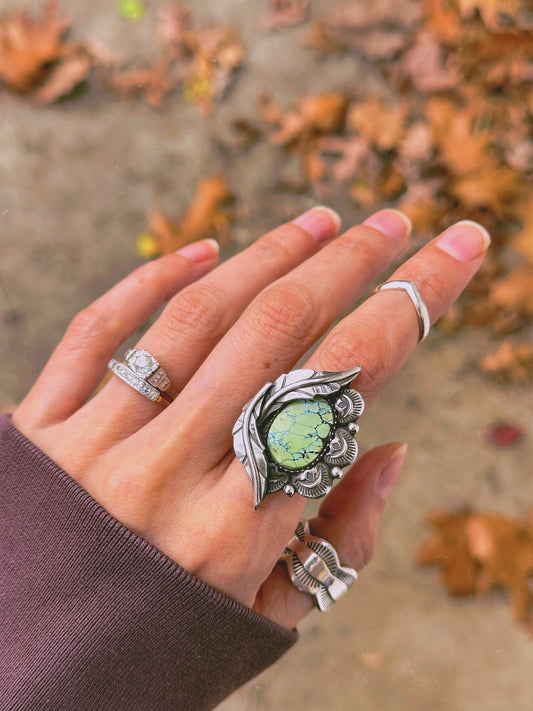 Botanical Ring with Stunning Pastel Chartreuse Turquoise