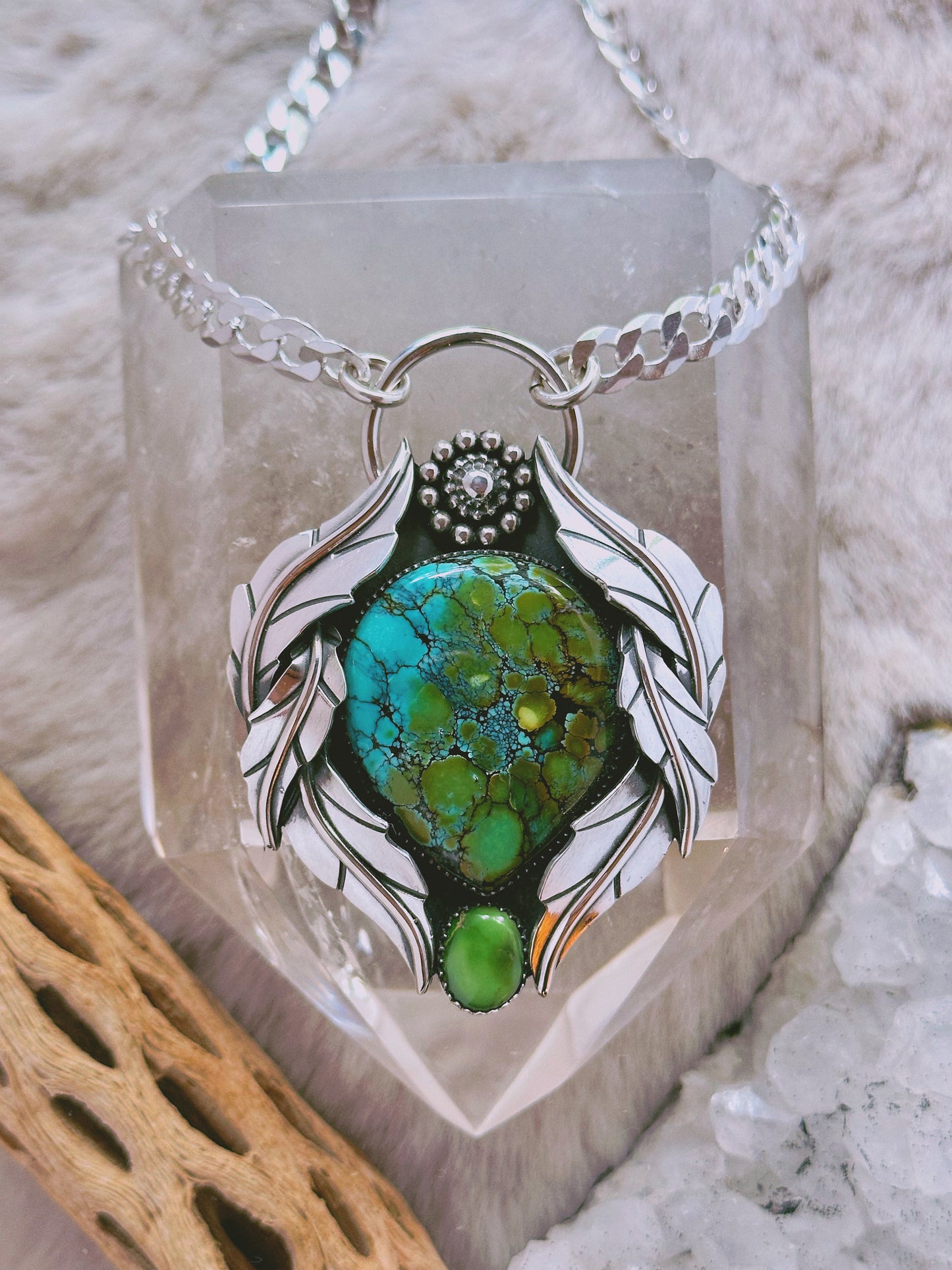 Heirloom Botanical Necklace with Polychrome Turquoise and Emerald Valley Turquoise