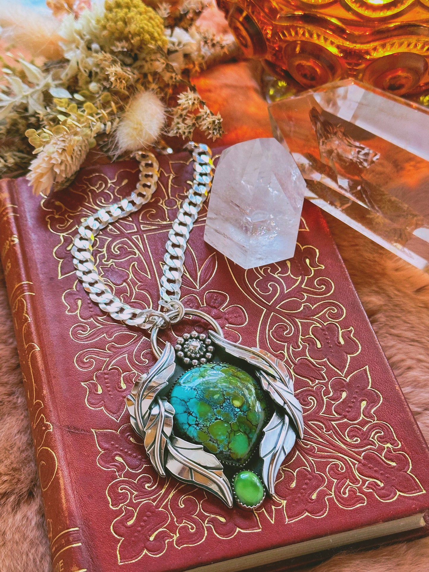 Heirloom Botanical Necklace with Polychrome Turquoise and Emerald Valley Turquoise