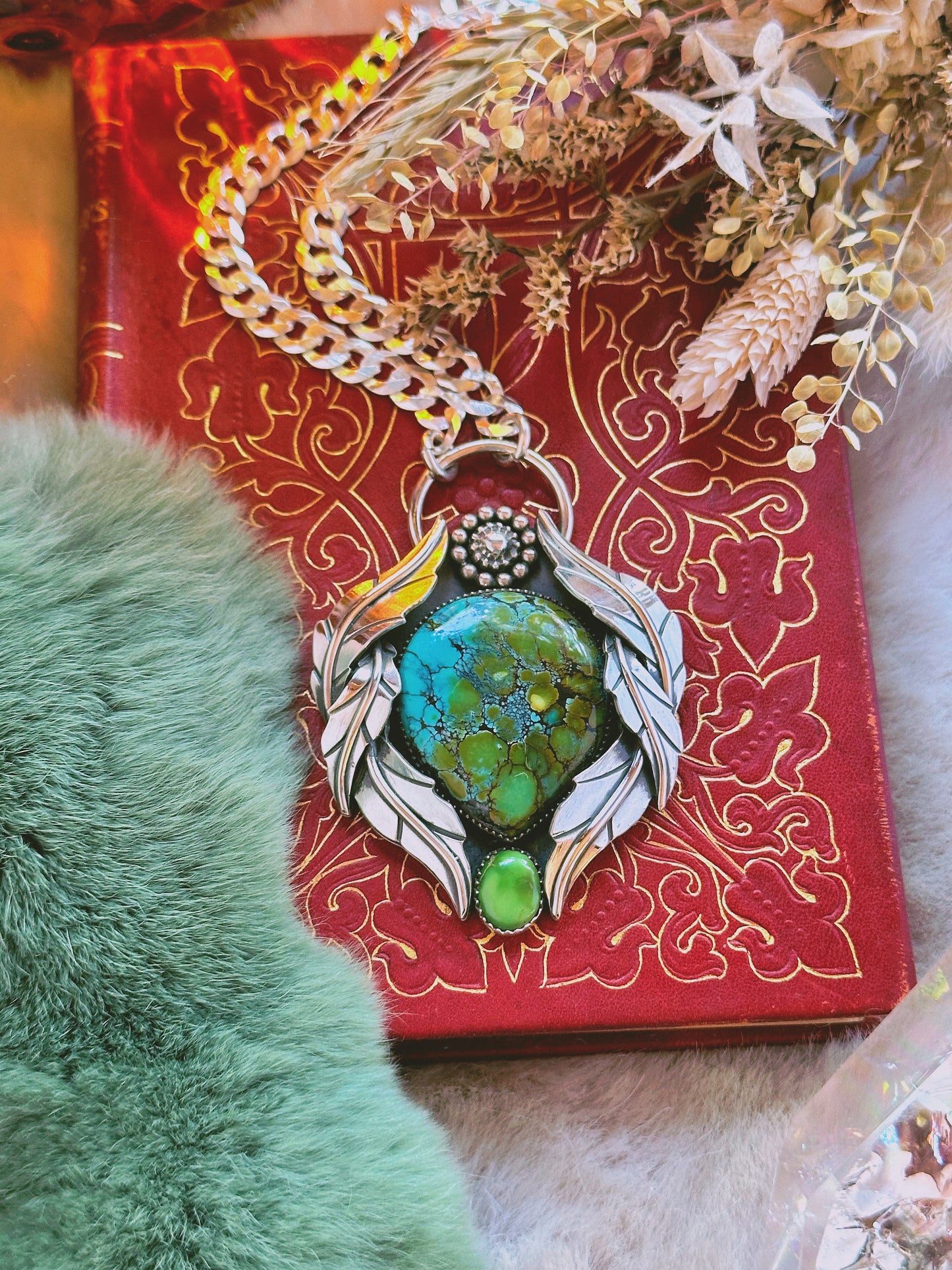 Heirloom Botanical Necklace with Polychrome Turquoise and Emerald Valley Turquoise