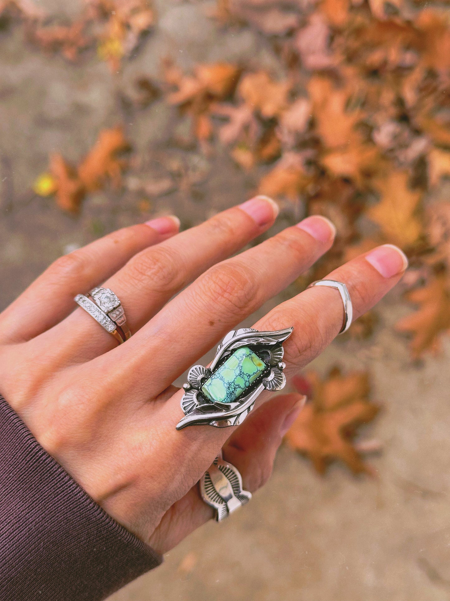 Botanical Rectangle Ring with Beautiful Polychrome Turquoise