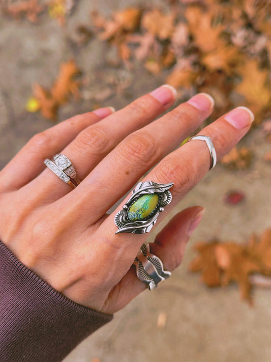 Two Leaf Botanical Ring with Stunning Polychrome Turquoise